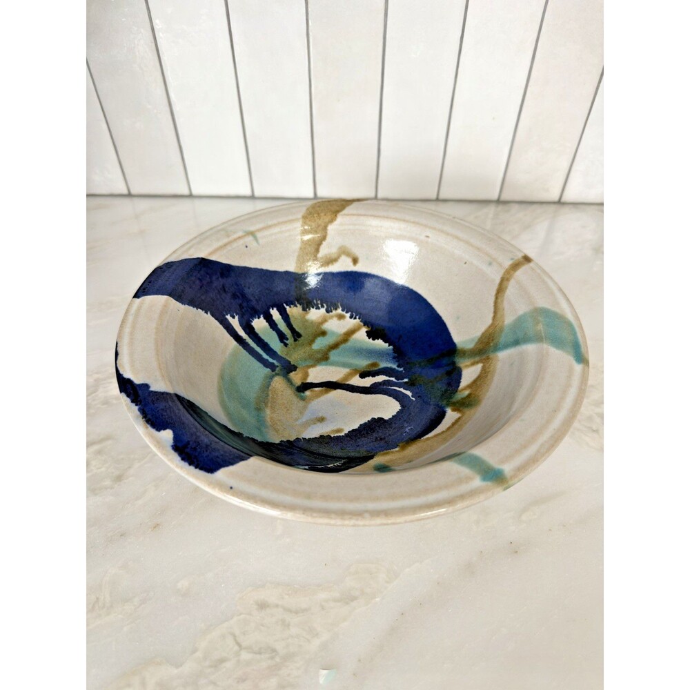 VTG Signed Studio Pottery Bowl Abstract Blue Turquoise Glaze MCM Hand Thrown 10"